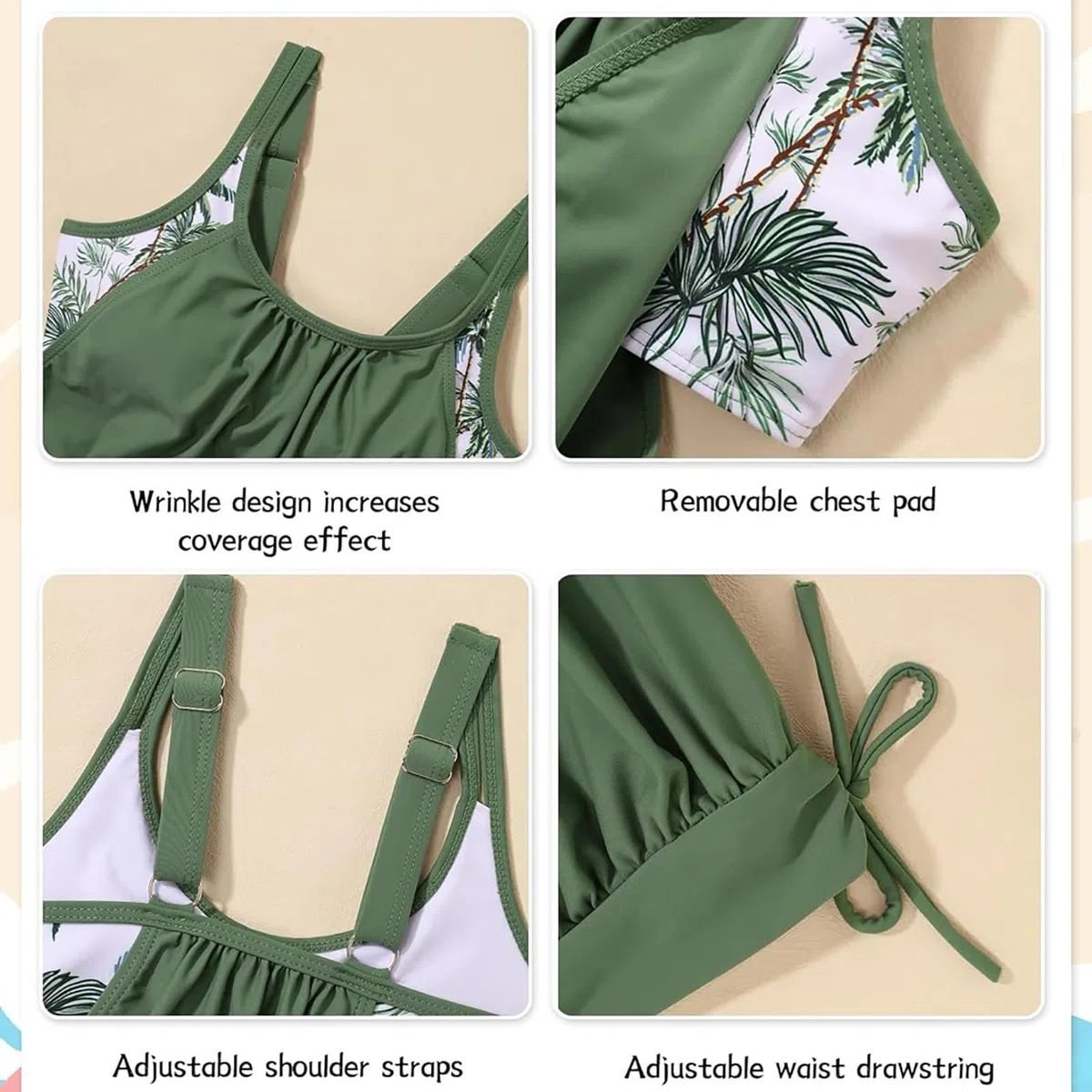 Traje de baño Tankini para niñas, de Doble Capa, con Estampado Floral y Tropical, de Dos Piezas, Talla 6 14, de Resistente al Cloro, Transpirable y Alta Elasticidad, Ideal para Actividades acuáticas