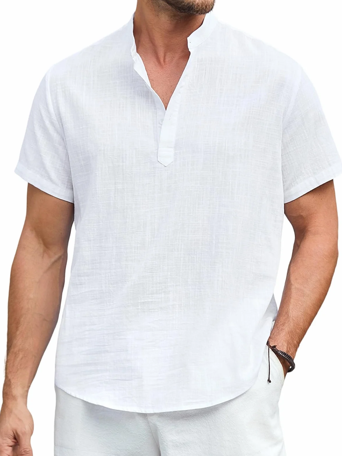 Enlision Camisa Lino Hombre Manga Corta Verano Camisas Casual para Hombres Cuello Mao Ibicenca Camiseta con Botones Algodón Color Sólido Ropa S-4XL