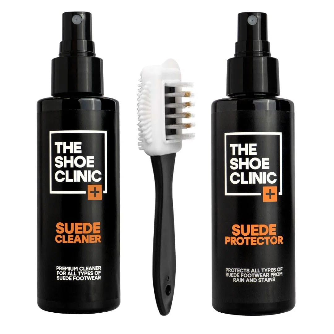 Shoe Clinic Kit de limpieza para gamuza y nobuk Limpiador y protector de gamuza en aerosol con cepillo | Limpia, protege e impermeabiliza zapatos, zapatillas y botas