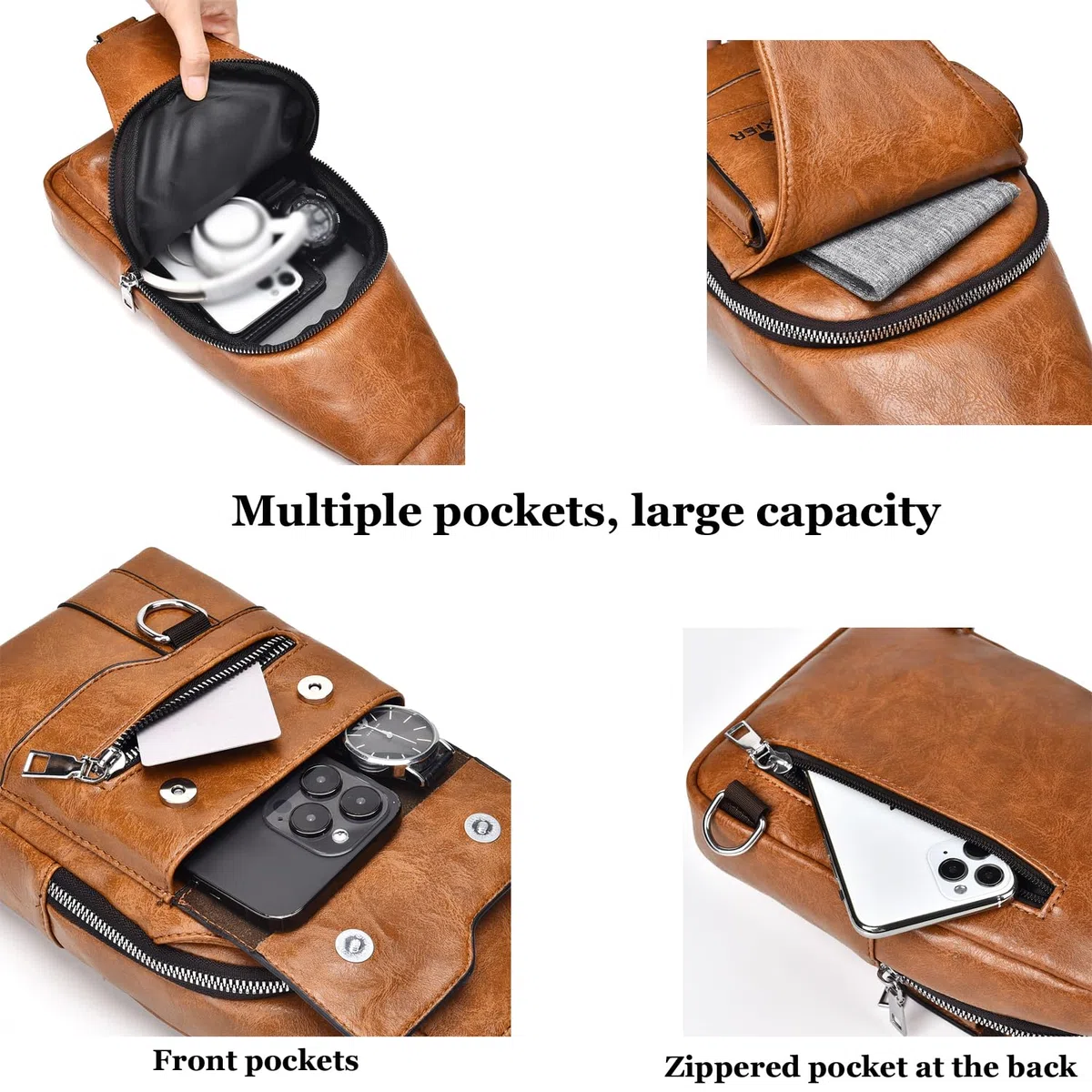 A-QMZL Bolso Hombre de Pecho de Piel Bandolera Cuero Bolsos Bandolera Casual Sling Bag Mochila Hombro Bolsas Impermeable Crossbody de Viaje Trabajo (Marrón oscuro)