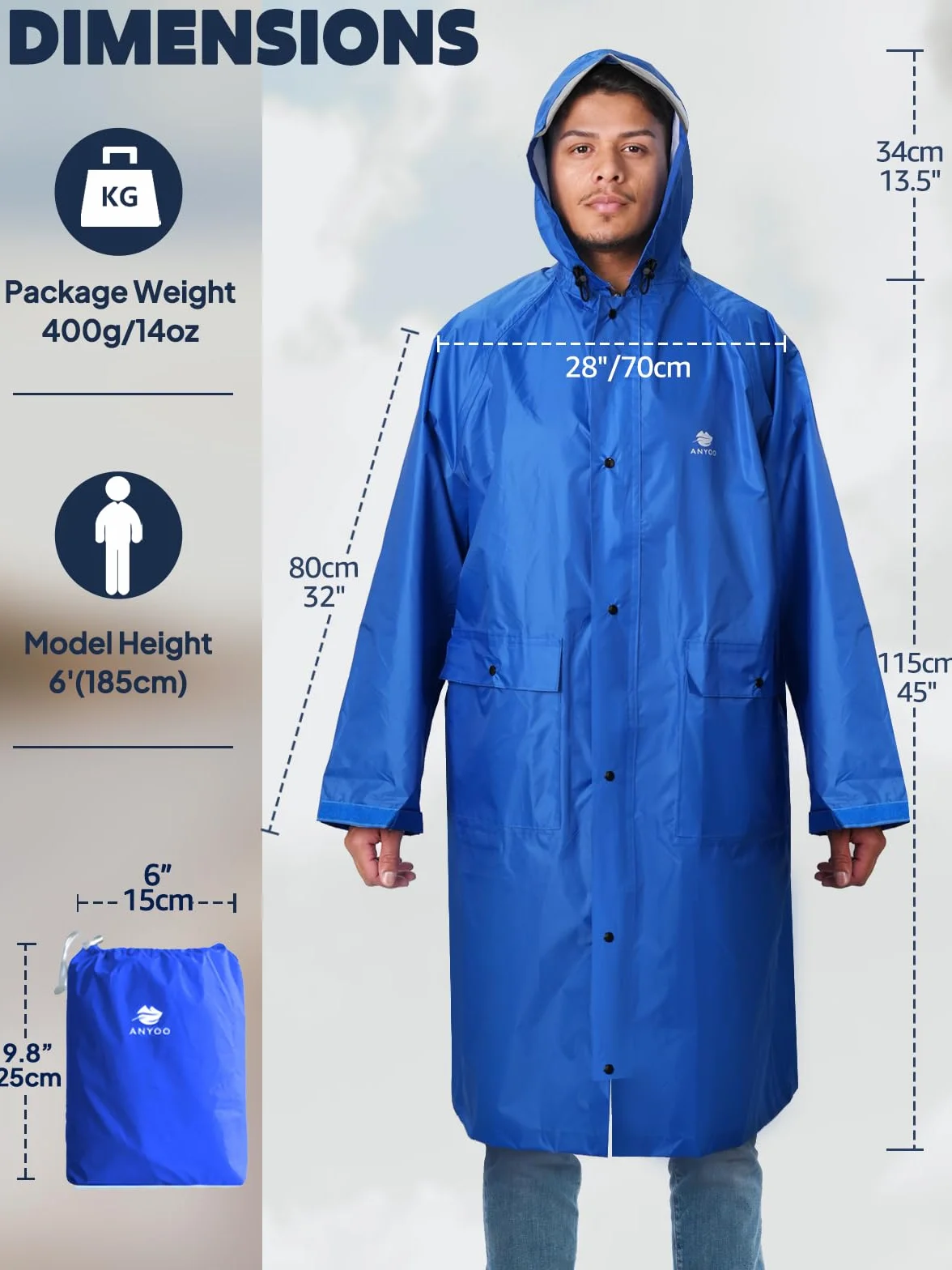 ANYOO Unisex Impermeable Ligero Portátil Con Capucha Poncho de Lluvia Compacto Reutilizable con Mangas para Mochilero Senderismo Acampar Al Aire Libre, Talla única