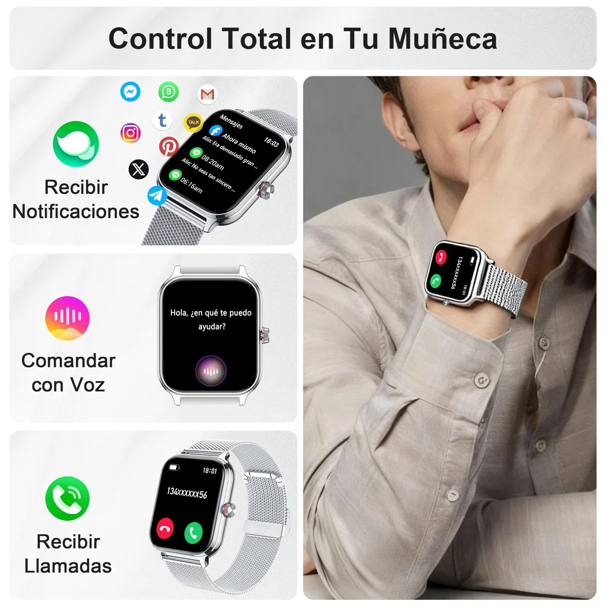 LODIMEKE Reloj Inteligente Mujer Hombre con Llamadas AI Voz y Whatsapp, 1.96" Smartwatch Monitor de Presión Arterial/SpO2/ Sueño/Podómetro/ 100+ Deportes, Pulsera Regalo iOS Android