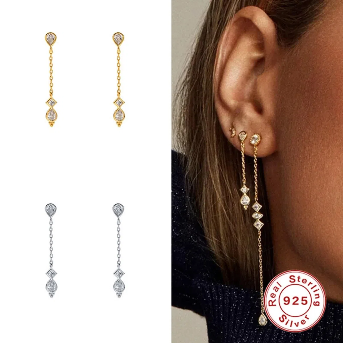 Pendientes colgantes de plata 925, aretes para mujer, aretes de moda vintage con borla de circonita ovalada, aretes de gota plateados/dorados para esposa mamá