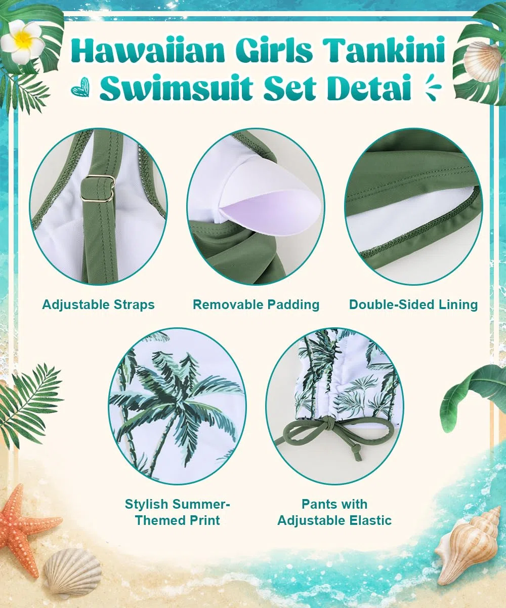 Traje de Baño de Verano para Niñas, Bikini Tankini Niñas con Top y Shorts Ajustables, Secado Rápido, Traje de Baño para Niñas 11-16 Años