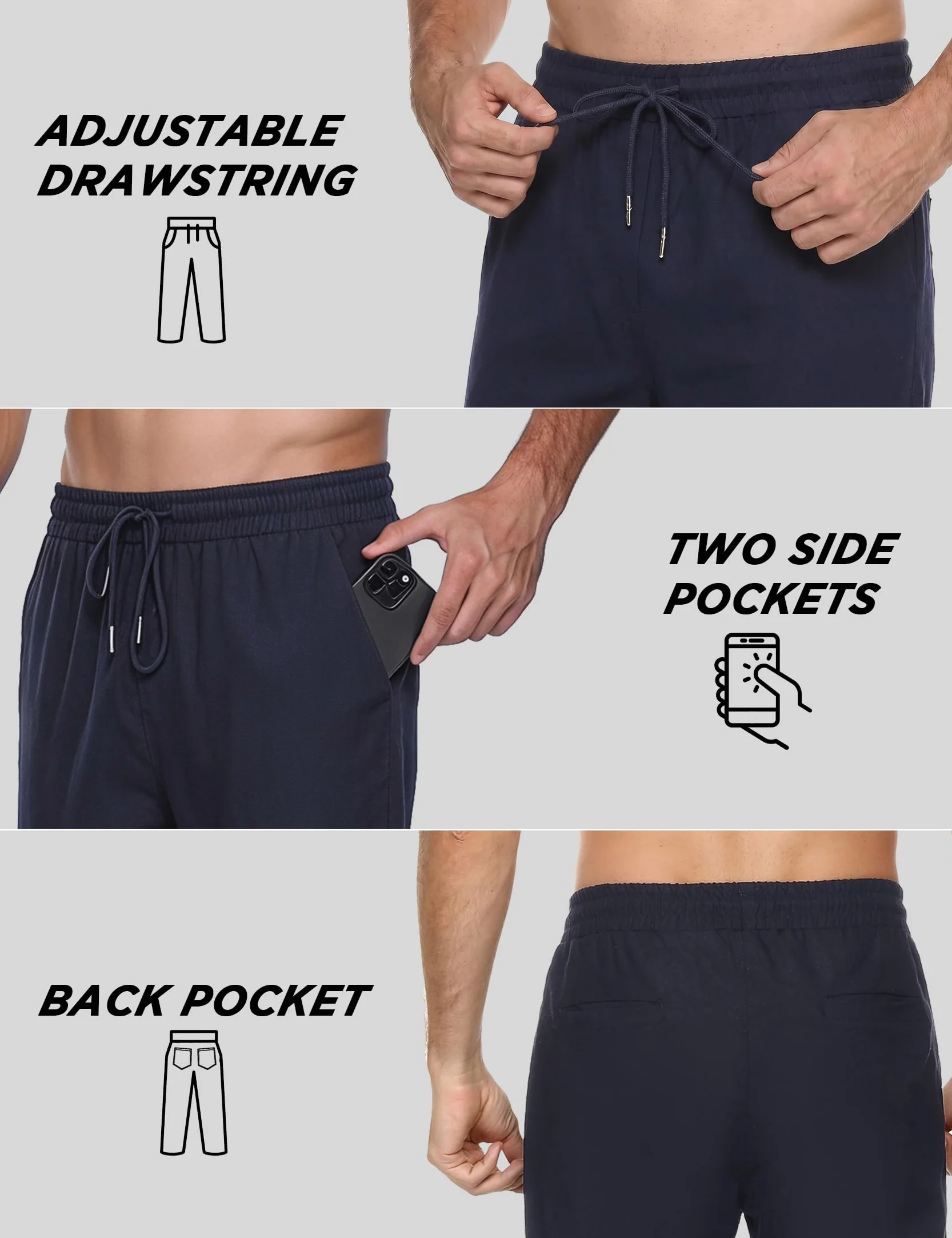 Sykooria Pantalones Hombre Casuales Lino y Algodón Pantalon Chandal Hombre Largo con Ajustable Cordón Pantalones Deportivos Hombres Cintura Elástica con Bolsillos