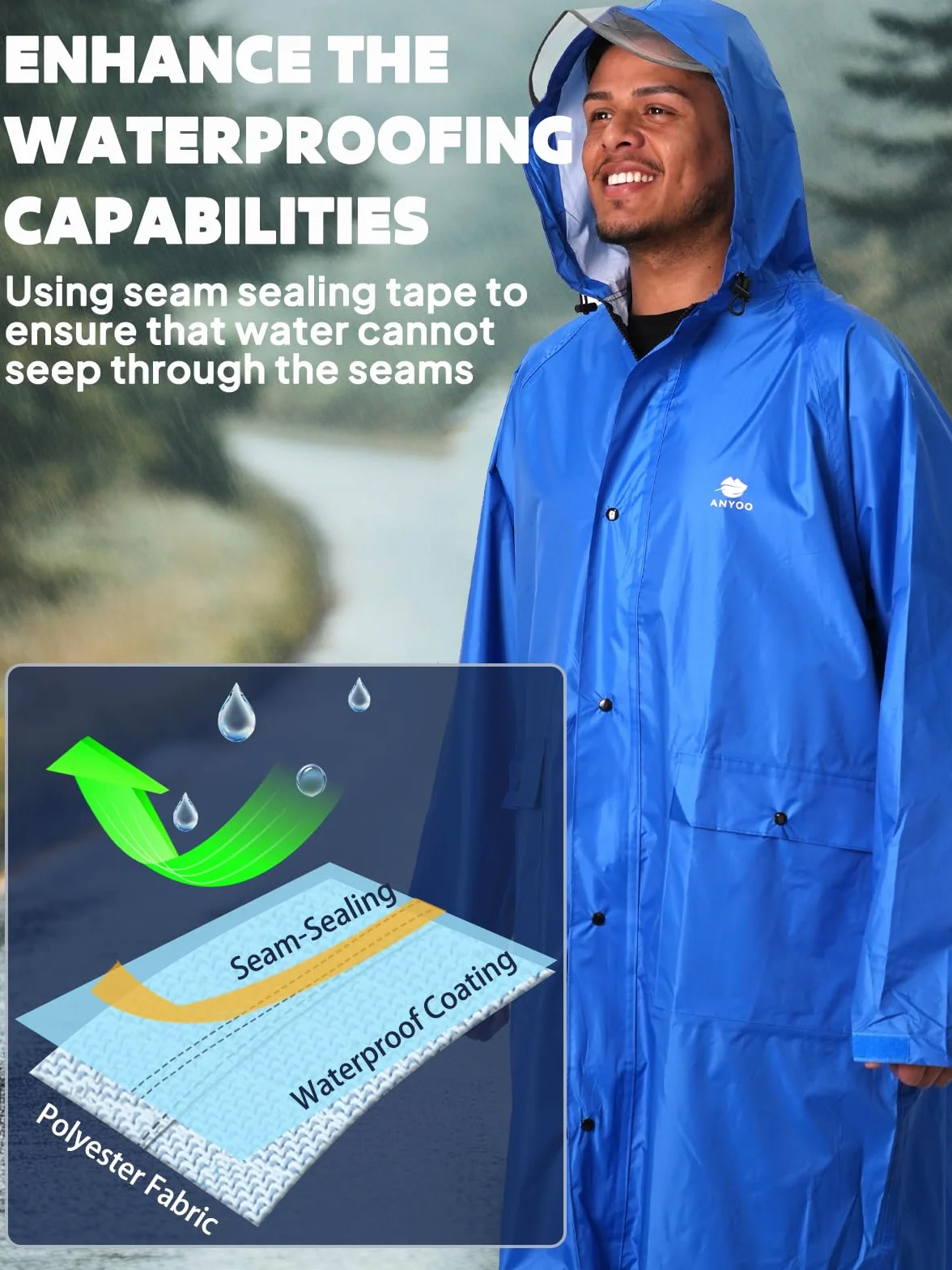 ANYOO Unisex Impermeable Ligero Portátil Con Capucha Poncho de Lluvia Compacto Reutilizable con Mangas para Mochilero Senderismo Acampar Al Aire Libre, Talla única