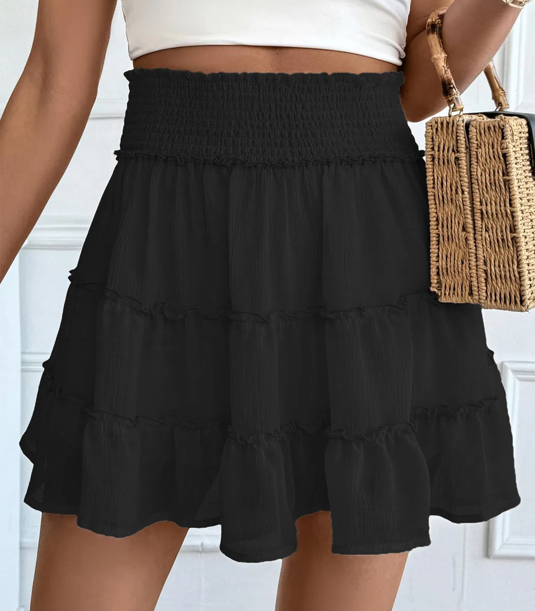 Mini Falda de Mujer Color Sólido Cintura Alta Tul con Pantalón Corto