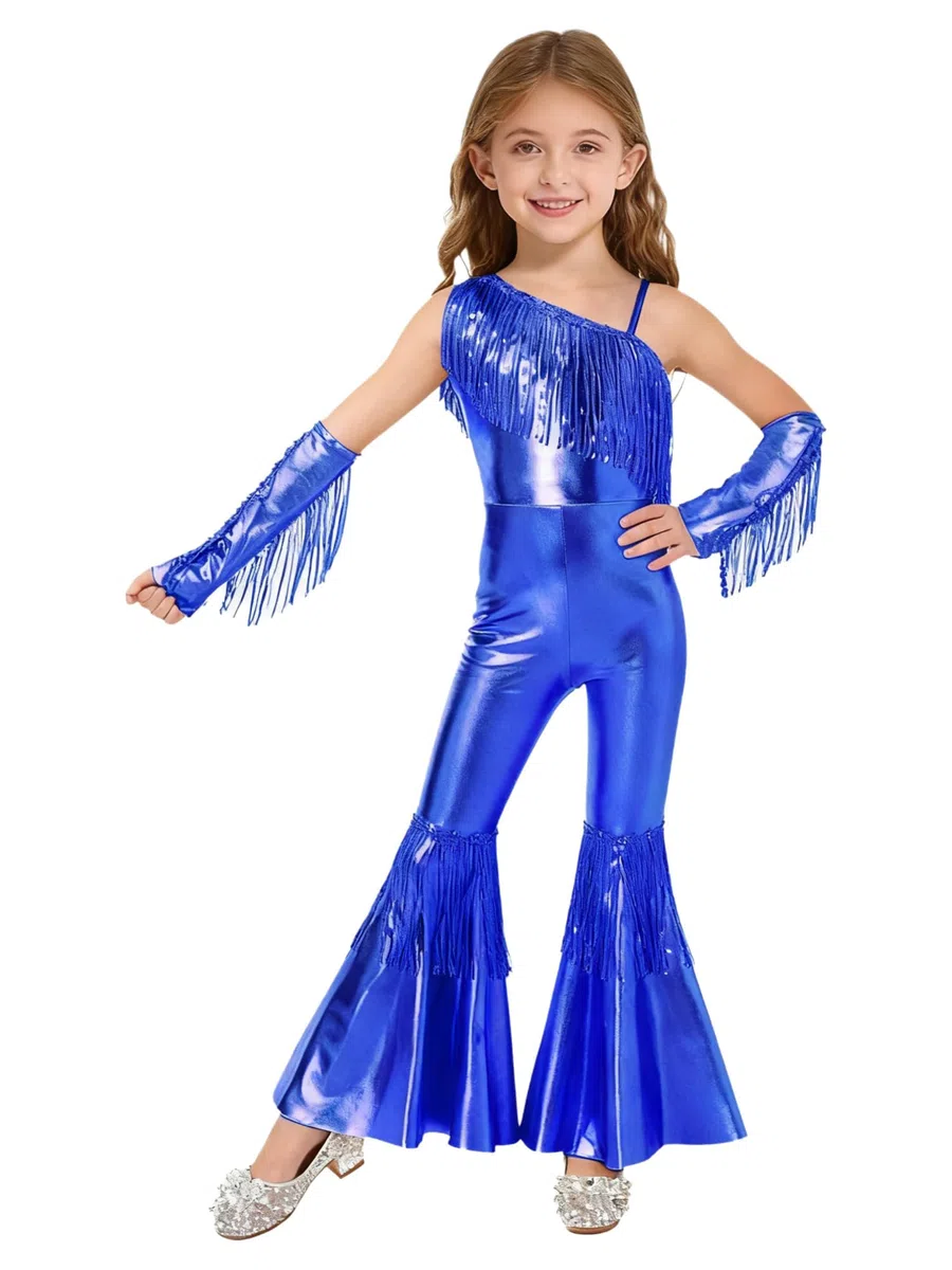 IEFIEL Traje de Baile Lentejuelas para Niñas Mono Brillante de Flecos con Guantes Conjunto Baile Moderno Jazz Disfraz Disco para Fiesta Actuación 5-16 Años
