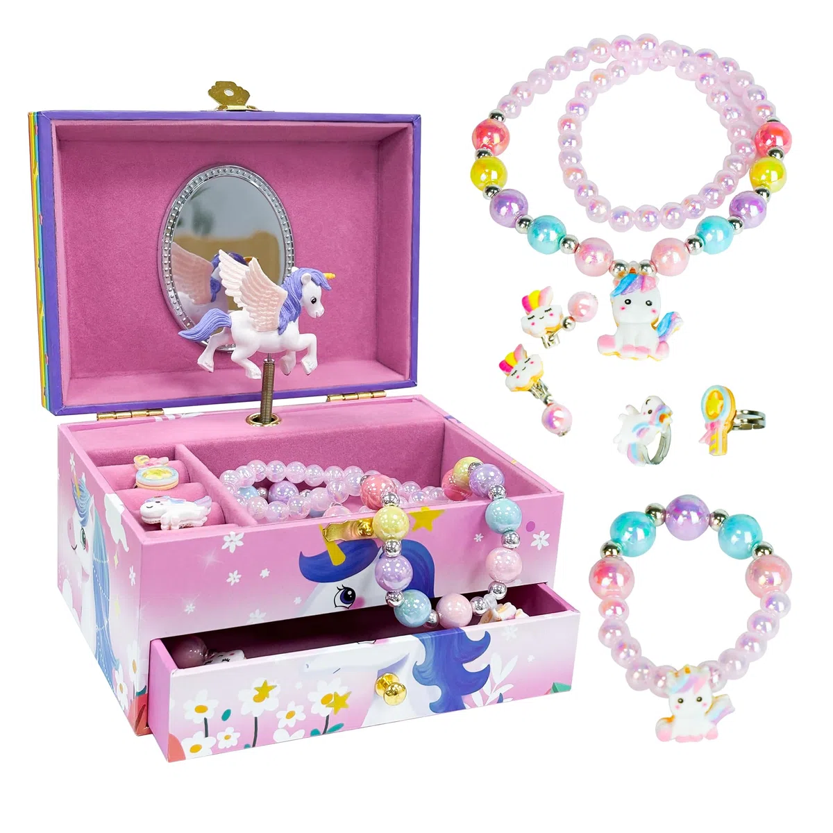 ADEL DREAM Caja de música de unicornio para niñas caja de joyas para hija y mujer amiga regalo de cumpleaños diseño de unicornio de dos capas color rosa