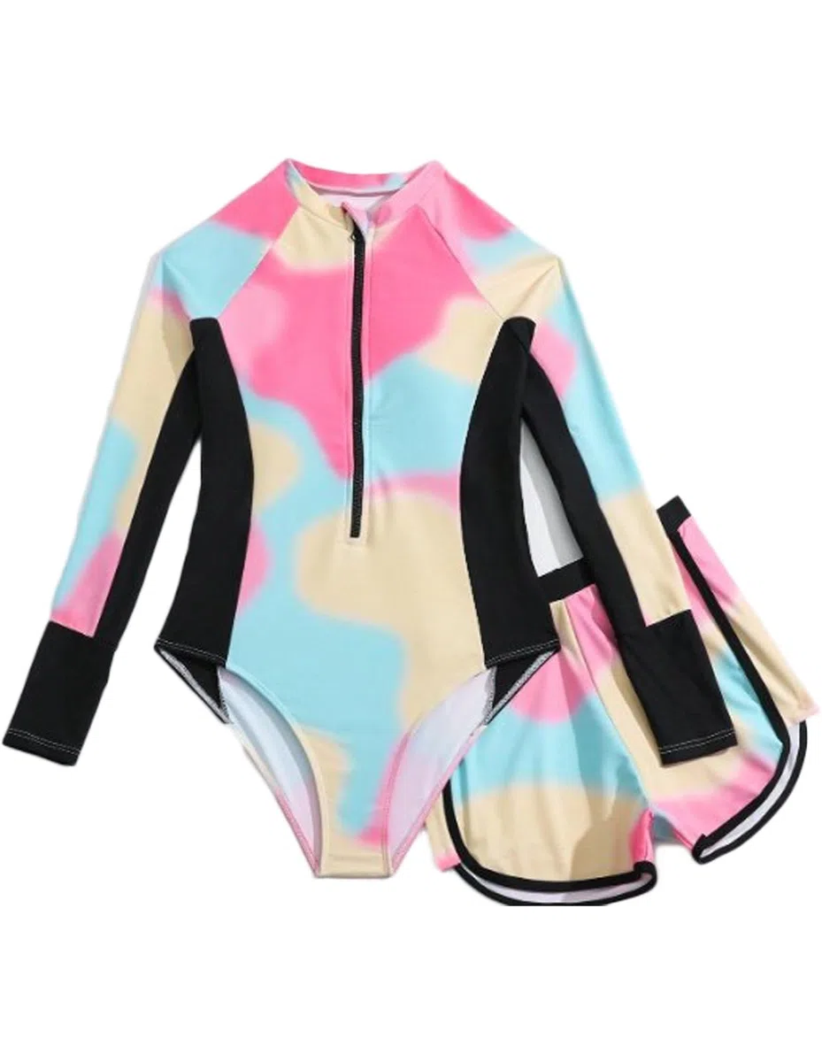 JiAmy Traje de Baño Niña 2 Piezas, Camiseta Mangas Largas Protectora Solar con Shorts, Estampado Tie-Dye para Chicas Adolescentes 8 a 13 Años
