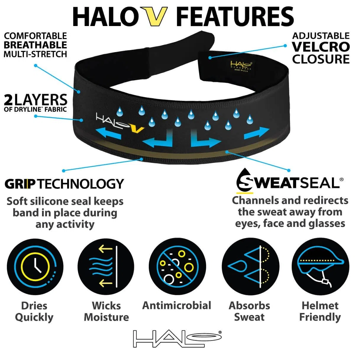 Halo Headbands Sweatband Velcro - Diadema