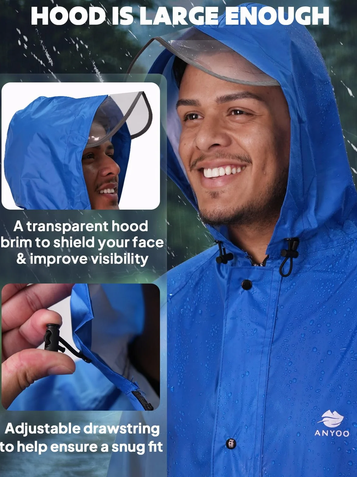 ANYOO Unisex Impermeable Ligero Portátil Con Capucha Poncho de Lluvia Compacto Reutilizable con Mangas para Mochilero Senderismo Acampar Al Aire Libre, Talla única